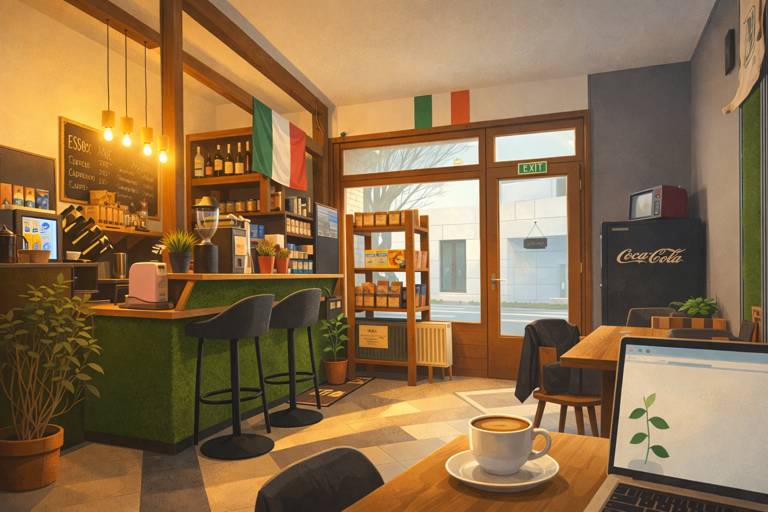 Caffé Bellissimo belső tere — meleg fények, olasz zászló, hangulatos kávézó Kecskeméten